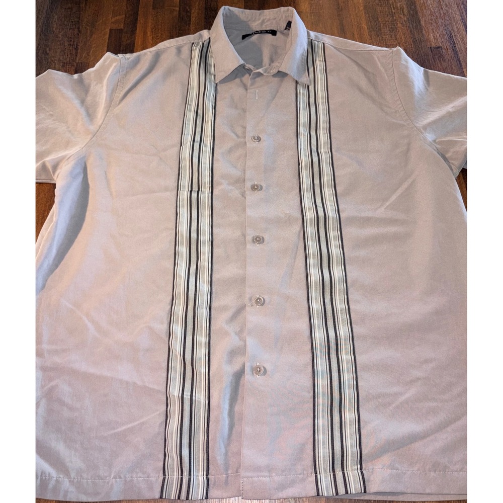Axist Mens XL Gray Striped Panel Short Sleeve Button Down Bowling Shirt Retro